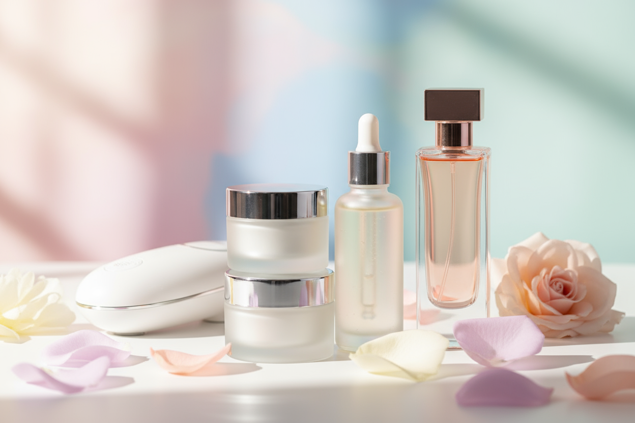 Clean white and soft pastel background, premium beauty skincare bottles, glass textures, serum dropper, face cream jars, perfume bottle, soft diffused natural light, minimal lifestyle scene, fresh flower petals, gentle glow, luxury spa look, one modern beauty gadget device, elegant and calm feel, ultra realistic 4K