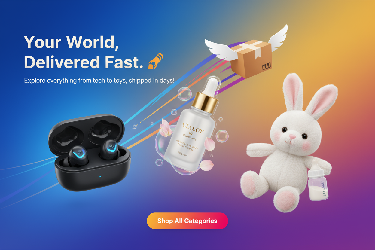 "Design a vibrant, modern hero banner for a mixed-category (Beauty, Baby, Gadgets) dropshipping store.

Visuals: Showcase 3-4 diverse, high-quality product close-ups (e.g., a gadget, beauty item, baby product) arranged attractively. Integrate a subtle speed/delivery graphic (e.g., flying parcel, speed lines) in the background.

Text:

Headline: 'Your World, Delivered Fast. 🚀'

Subheading: 'Explore everything from tech to toys, shipped in [X] days!'

CTA Button: 'Shop All Categories'

Style: Clean, energeti