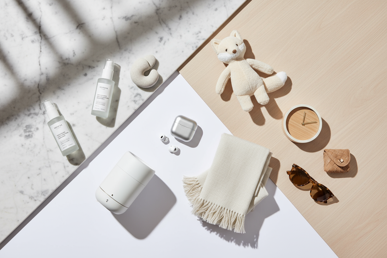 White and beige background, marble and wood flat-lay surface, neatly arranged multi-category products — sleek skincare bottles, home essentials, cute kids toy, mini gadget, fashion accessories, Scandinavian decor style, clean luxury aesthetic, soft shadows, high-end branding look, editorial quality, 4K